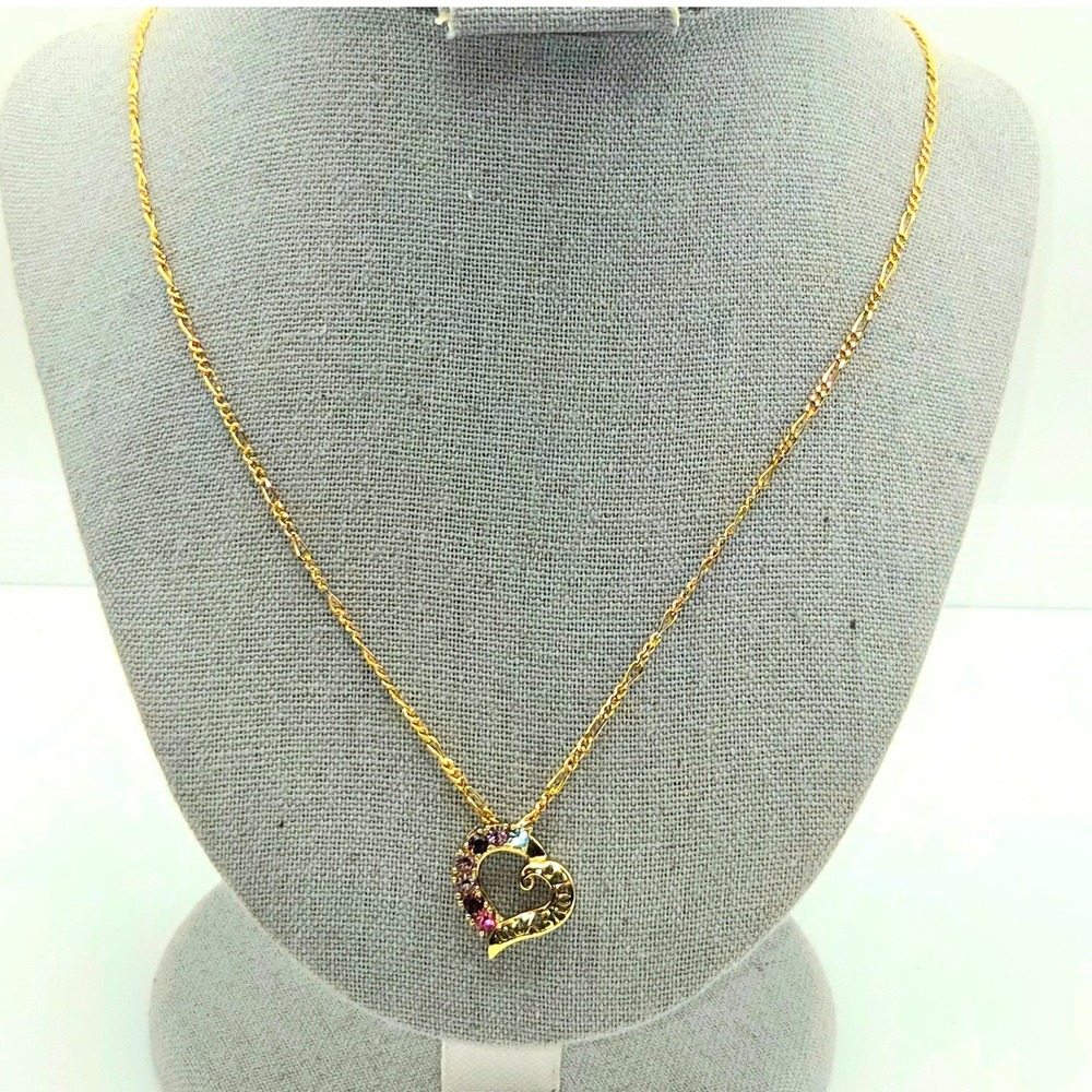 Lindenwold Heart Necklace 20" 14K Gold Plated I Love You Rhinestone Figaro Chain